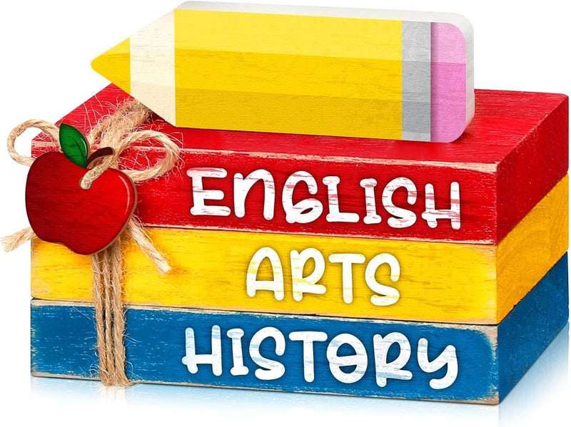 Anglechic 4 Pcs Back to School Table Decorations First Day of School Tiered Tray Decorations Decorative Mini Wooden Books Subject Signs for Office Shelf Classroom Tabletop Bookshelf(Pencil) - Image 1